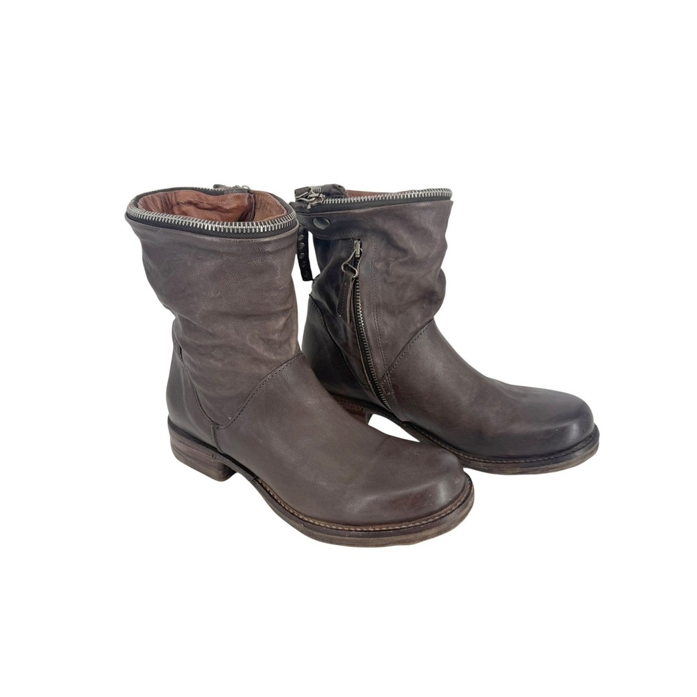 AS98 Slouchy Side Zip Mid Calf Boots Women 38 7.5-8 Brown Leather Biker Moto